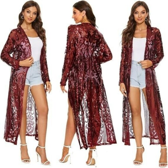 Women Sequin Mesh Front Open Full Long Maxi Duster Burgundy Red Large - Picture 1 of 11